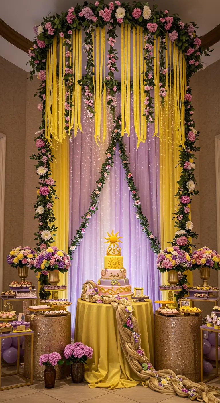Decoración de cumpleaños de Rapunzel con flores, trenzas y telas moradas y amarillas.