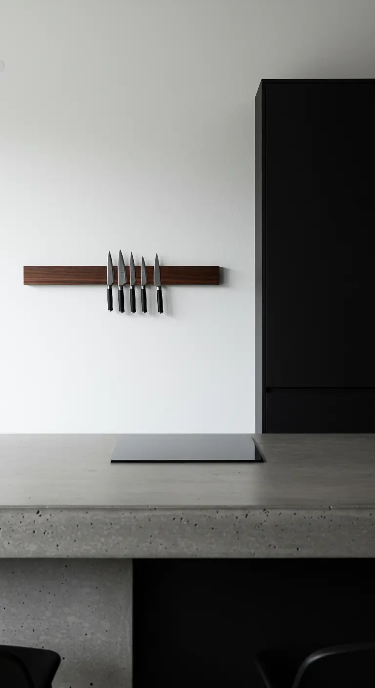 Cocina minimalista con una fina barra magnética de madera en la pared sosteniendo cuchillos