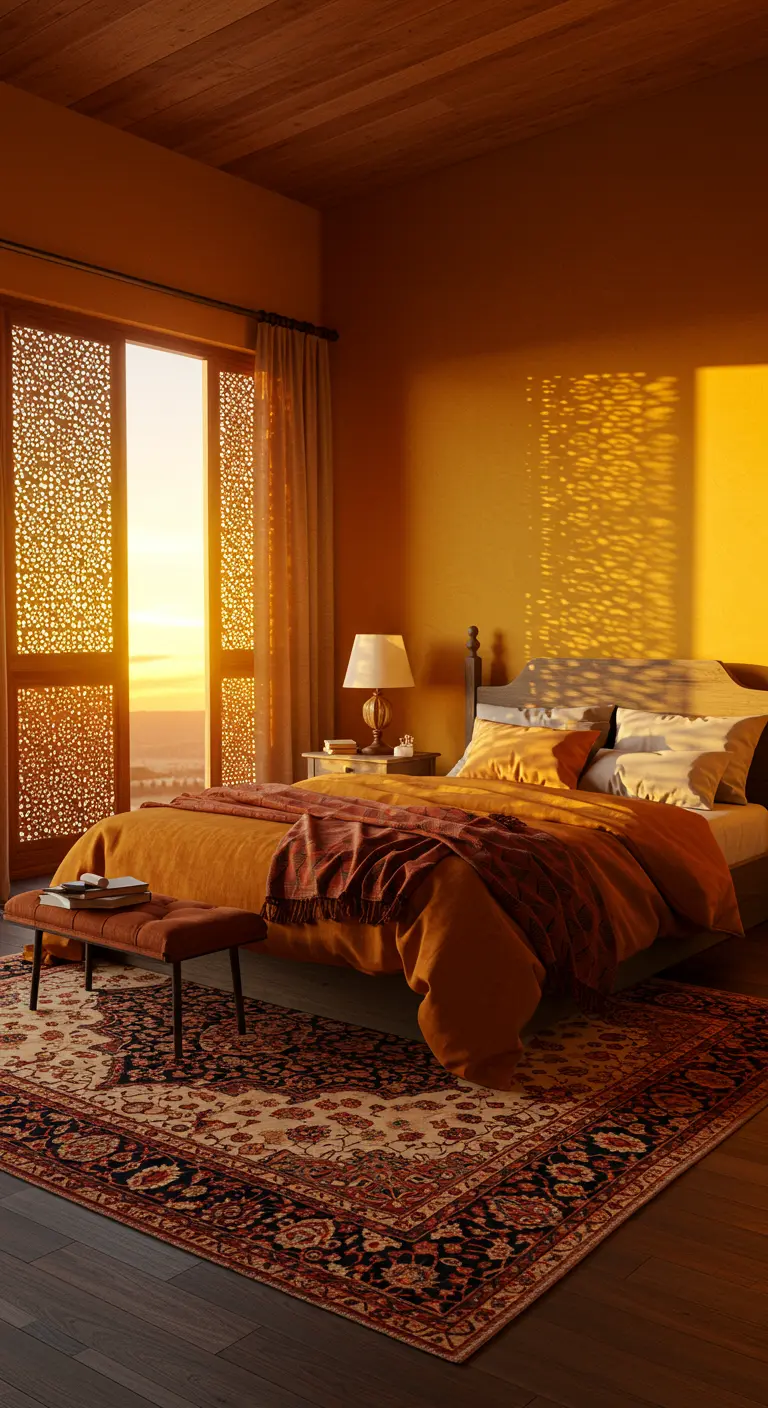Dormitorio cálido con paredes ocre y luz del atardecer filtrándose por una celosía