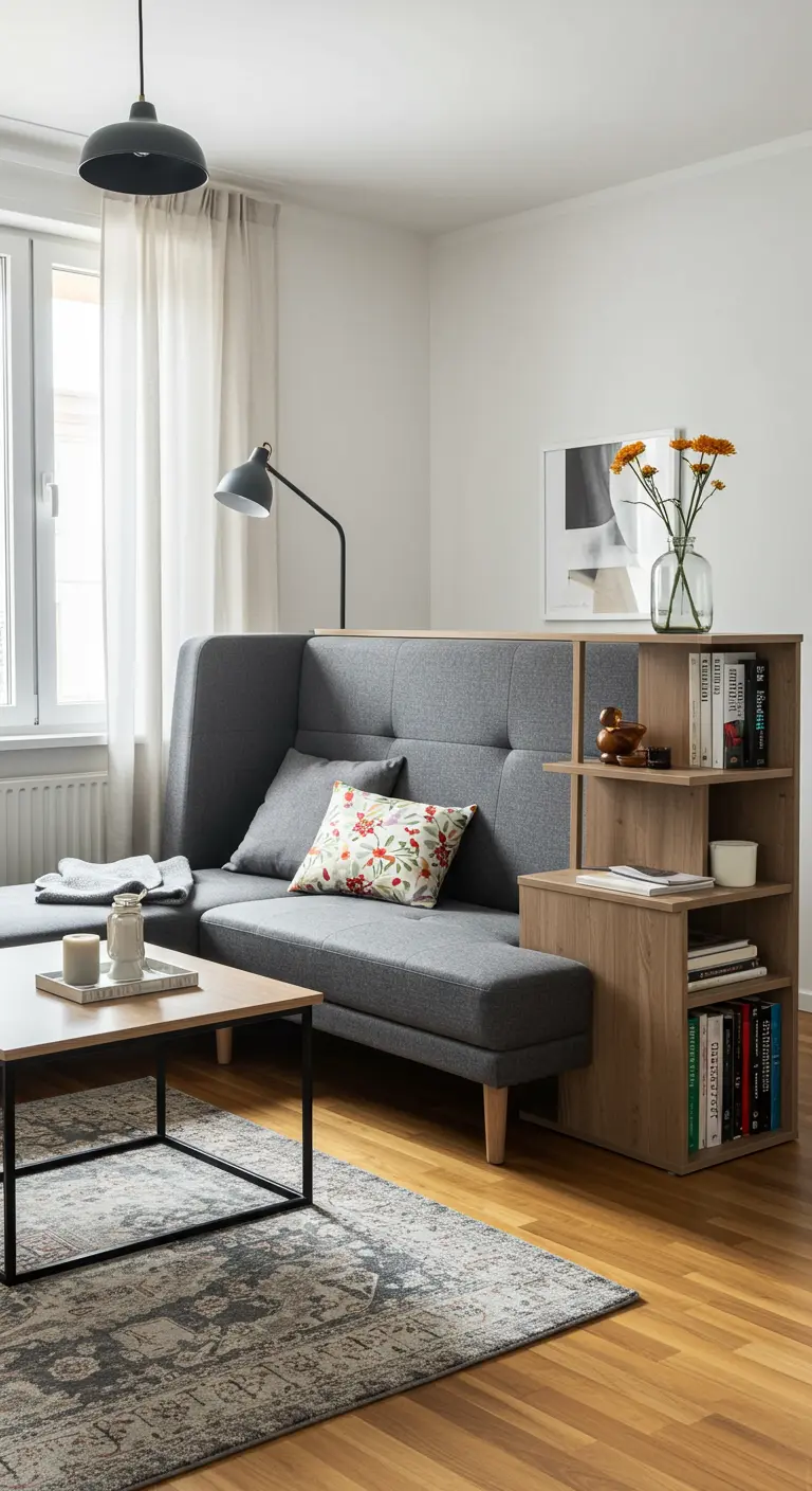 Sofá seccional gris con una estantería de madera integrada en uno de sus extremos.