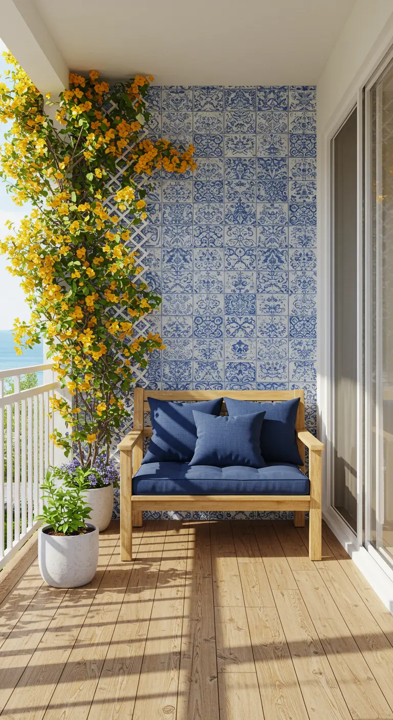 Balcón con pared de azulejos azules y blancos, buganvilla amarilla y banco de madera.