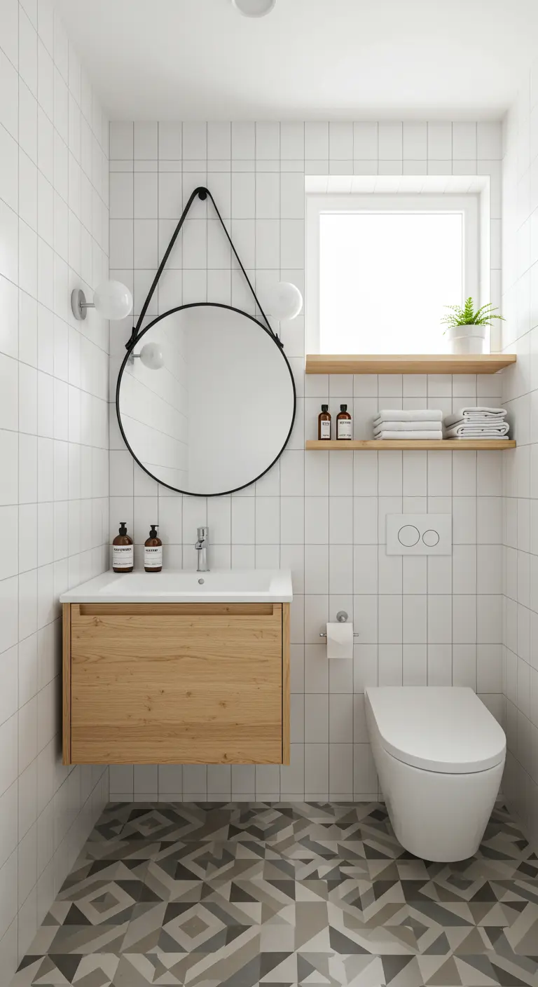 Baño pequeño y luminoso con mueble de madera flotante y azulejos geométricos en el suelo.