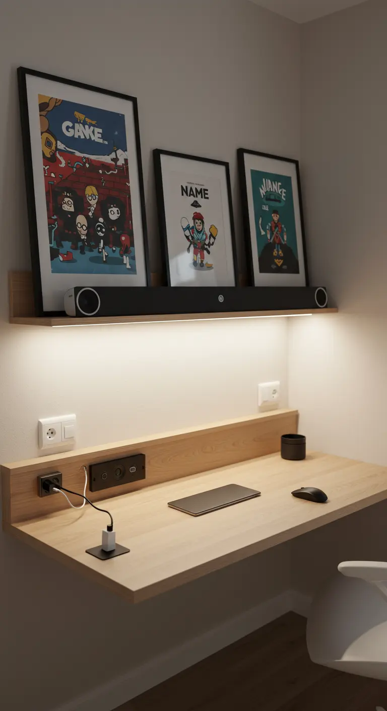 Escritorio flotante de madera con enchufes integrados, iluminación LED y gestión de cables oculta.