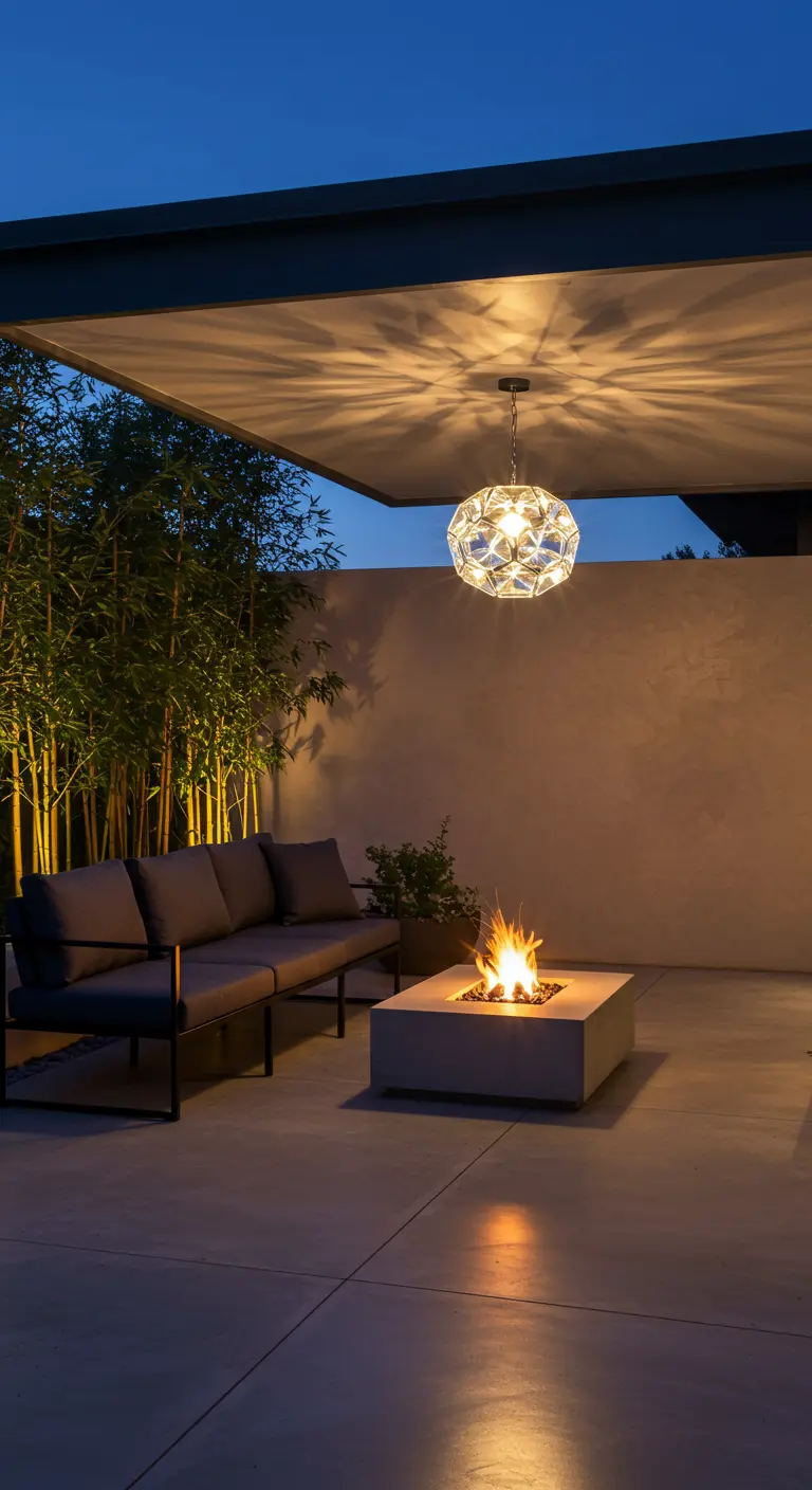 Patio moderno minimalista con sofá gris, fogón central y lámpara colgante de cristal facetado.