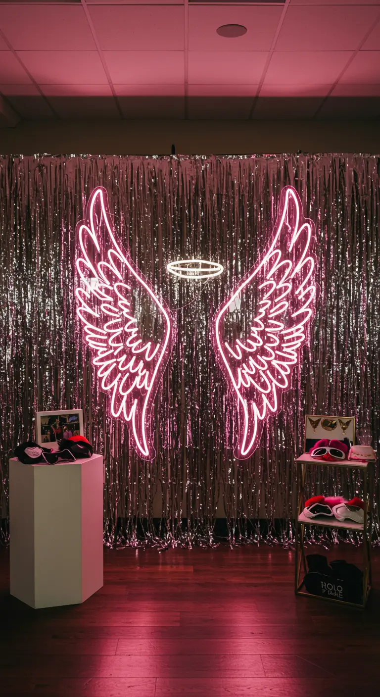 Fondo de fotomatón con alas de ángel de neón rosa sobre una cortina de espumillón plateado.