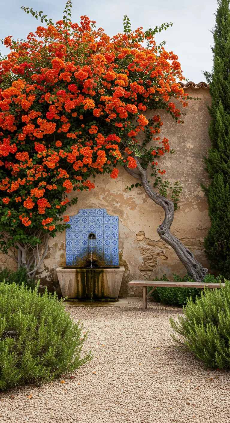 Pared rústica con una fuente con azulejos turquesa y una espectacular buganvilla naranja trepando por ella.