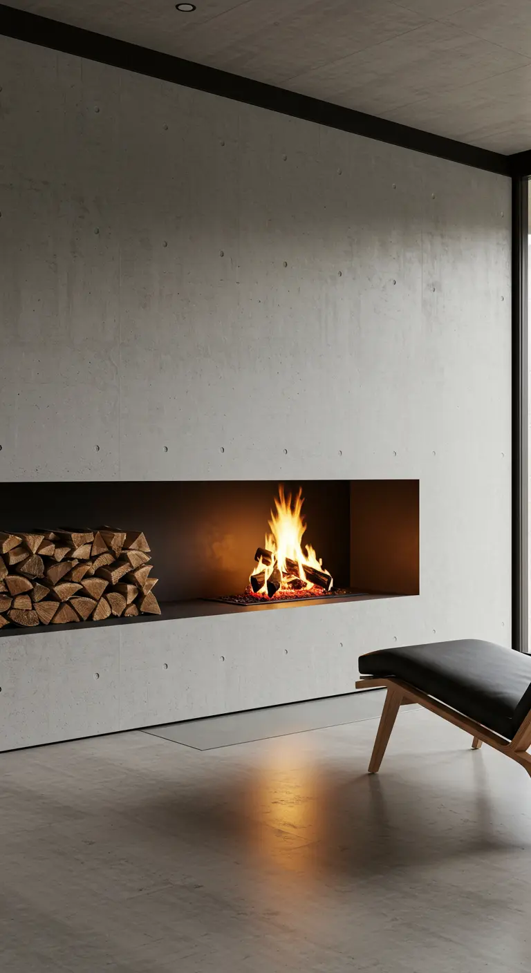 Chimenea moderna y minimalista integrada en una pared de hormigón, con un diván de cuero al lado.