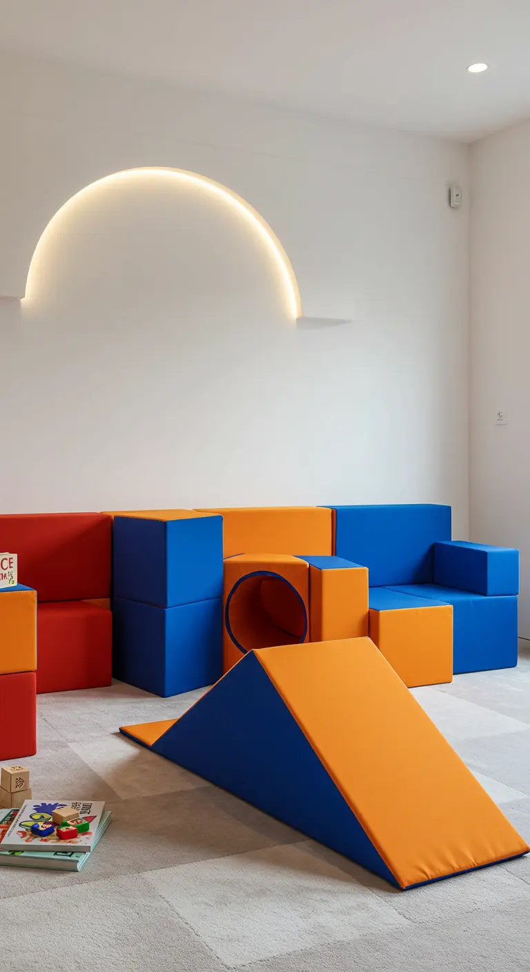 Muebles modulares de espuma de colores vivos (azul, naranja, rojo) para una sala de juegos infantil.