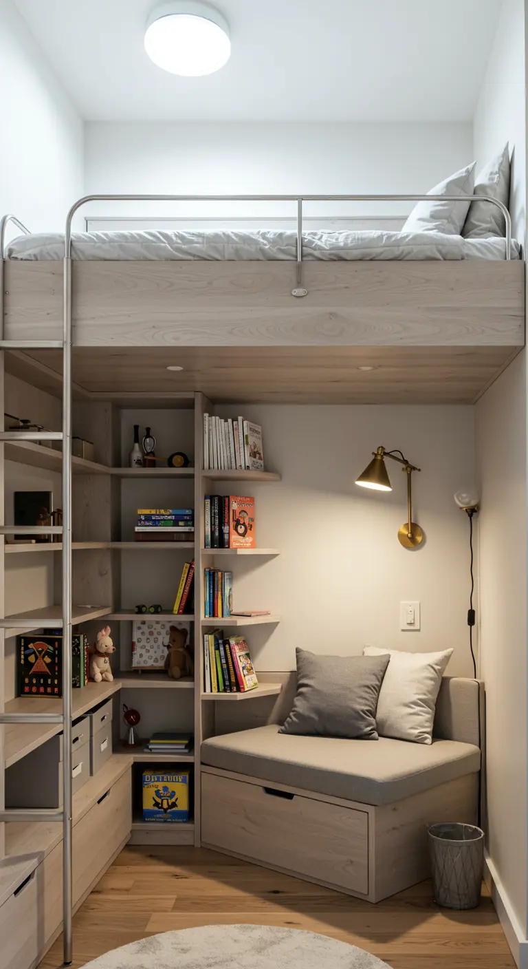 Acogedor rincón de lectura con un banco y estanterías, situado bajo una cama alta.