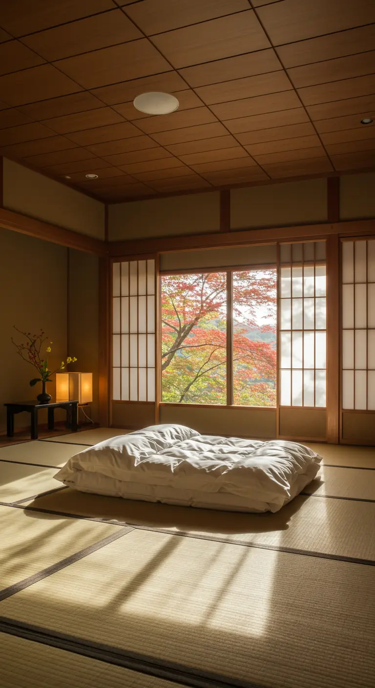 Dormitorio japonés tradicional con futón sobre tatami y vistas a un árbol de otoño.