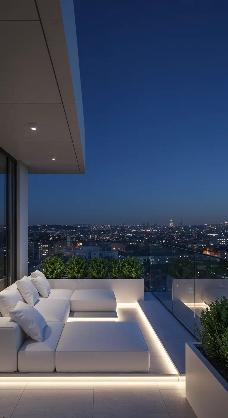 Terraza moderna con sofá blanco y tiras de luz LED cálida integradas bajo los asientos.