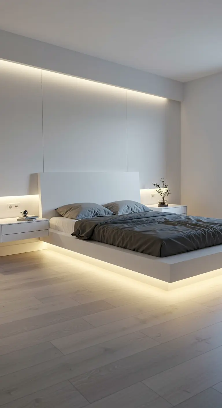 Dormitorio minimalista con una cama flotante iluminada con luces LED por debajo