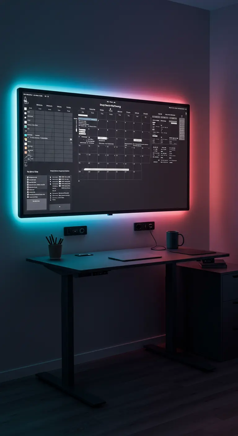 Configuración de escritorio moderna con una pantalla como pizarra digital y retroiluminación LED de colores.
