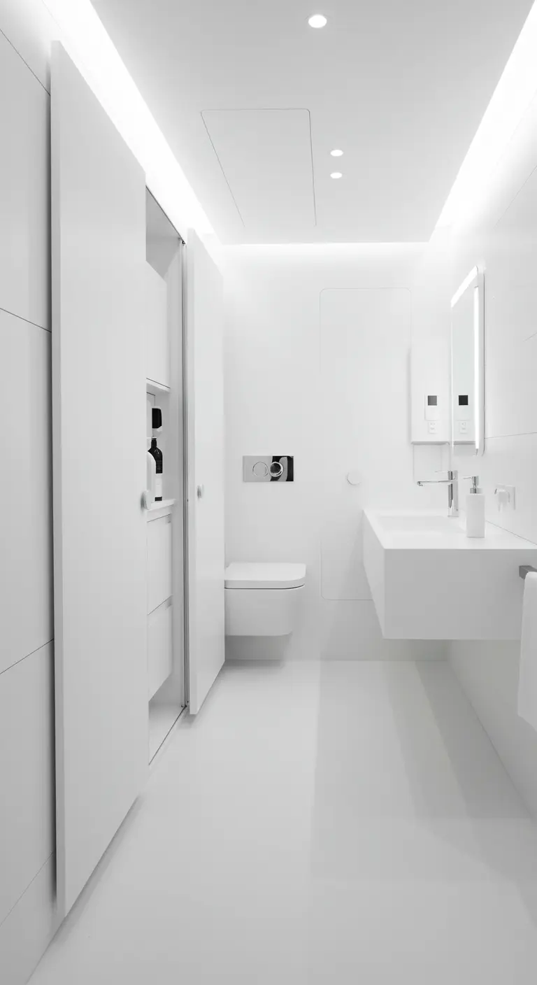 Baño hiper-minimalista completamente blanco con paneles lisos y almacenamiento oculto