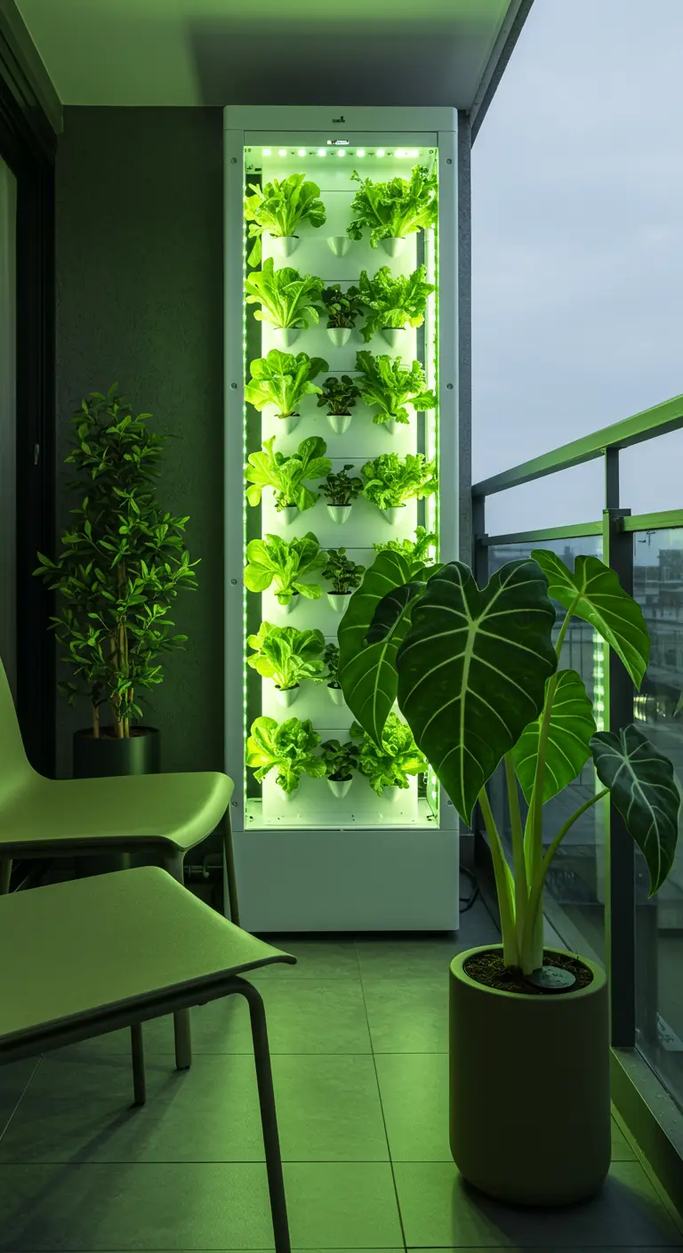 Balcón moderno con una torre de cultivo hidropónico vertical iluminada, llena de lechugas frescas.