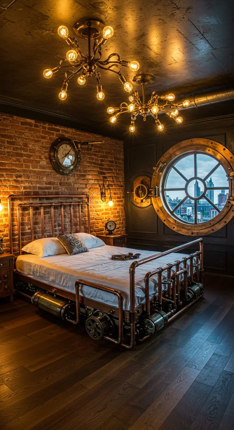Dormitorio steampunk con cama de tuberías de cobre, pared de ladrillo y lámparas Edison.
