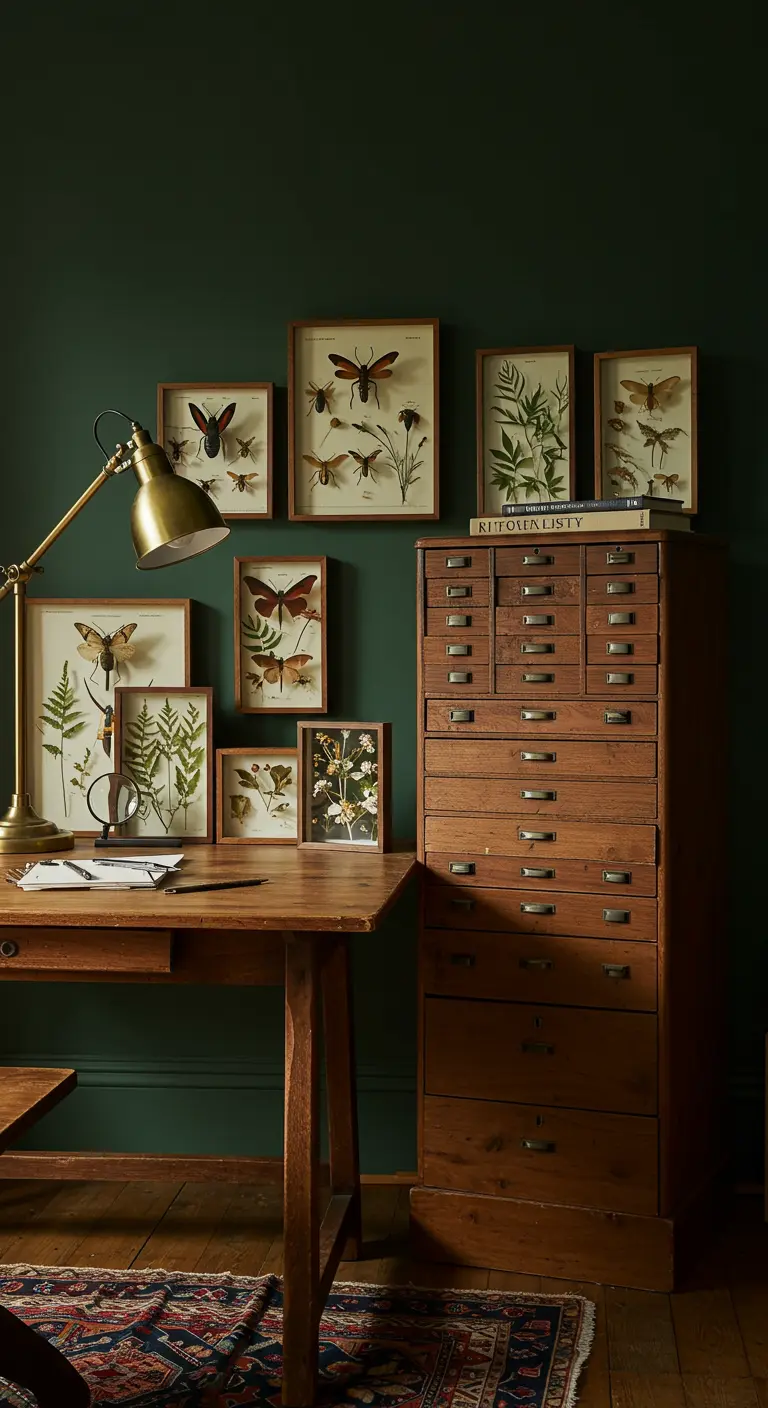 Estudio oscuro con una colección de cuadros de insectos y un archivador de madera antiguo.