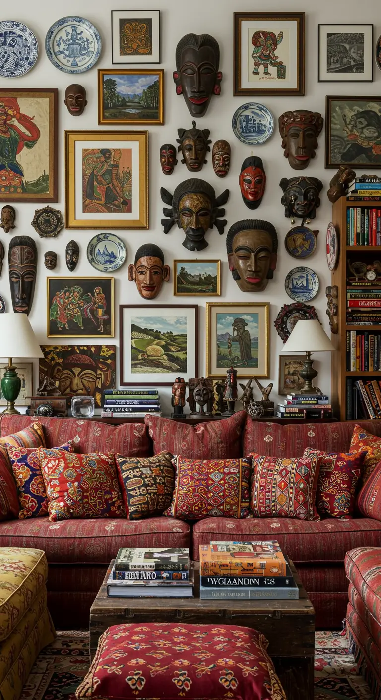 Pared de una sala de estar maximalista llena de máscaras, cuadros y platos de diferentes culturas.