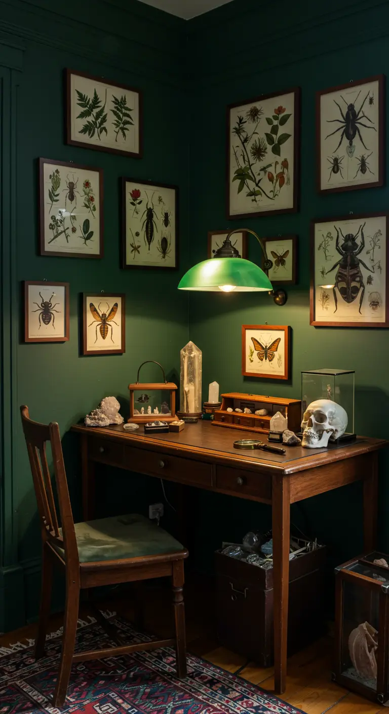 Estudio oscuro con paredes verdes, escritorio de madera, láminas de insectos y un cráneo