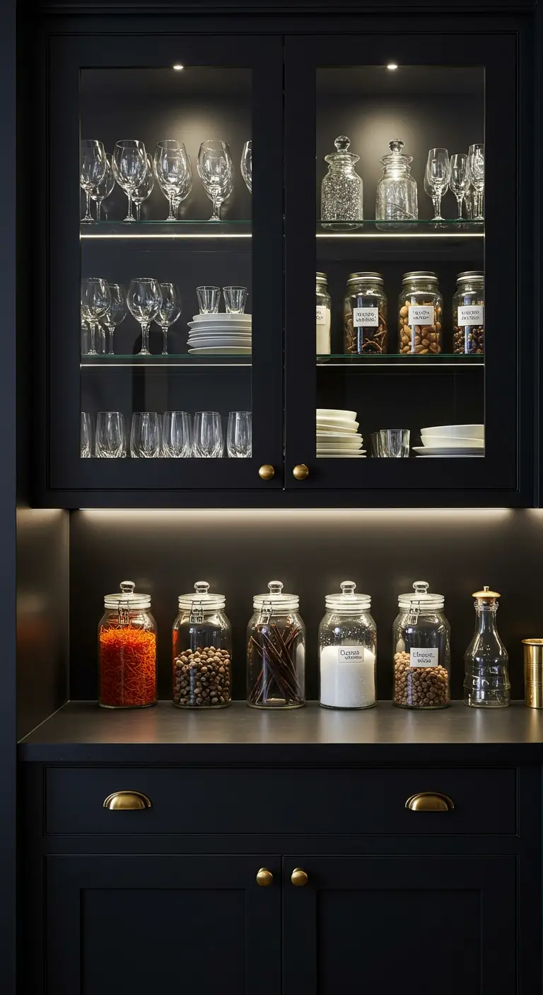 Armario de cocina negro con puertas de cristal e iluminación interior, mostrando frascos de especias y vajilla.