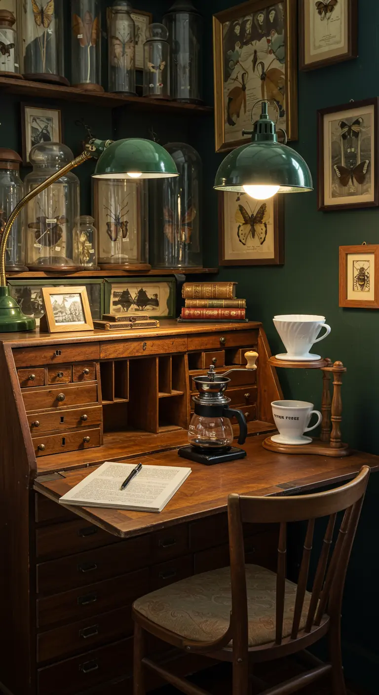 Escritorio de coleccionista con ilustraciones de mariposas y lámparas verdes vintage.