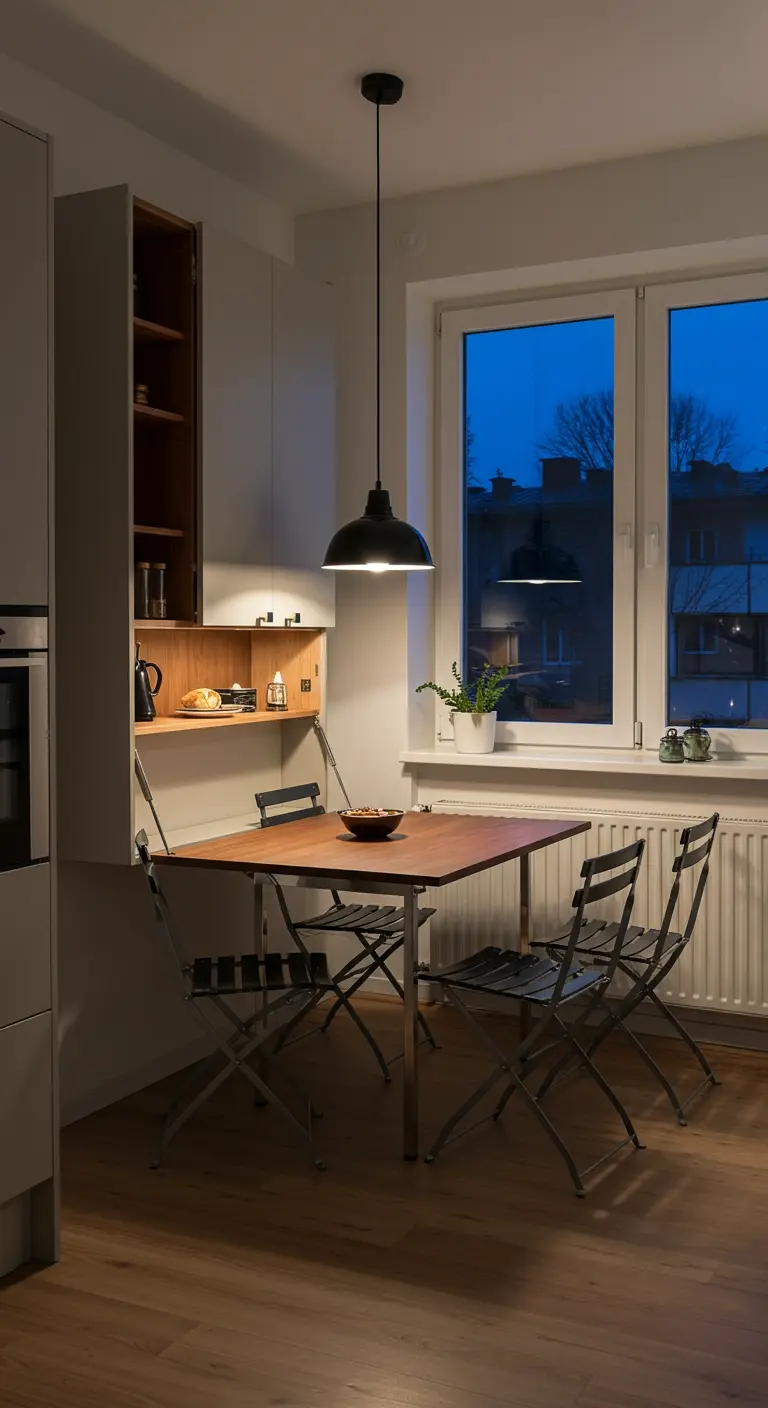 Mueble de pared que se abre y despliega una mesa de comedor de madera para cuatro personas