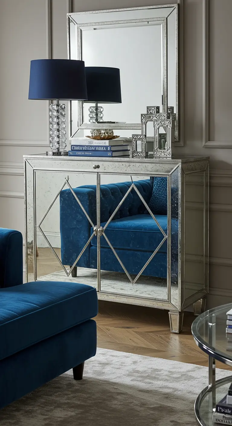 Gabinete con puertas de espejo y marco plateado en una sala de estar azul y blanca.