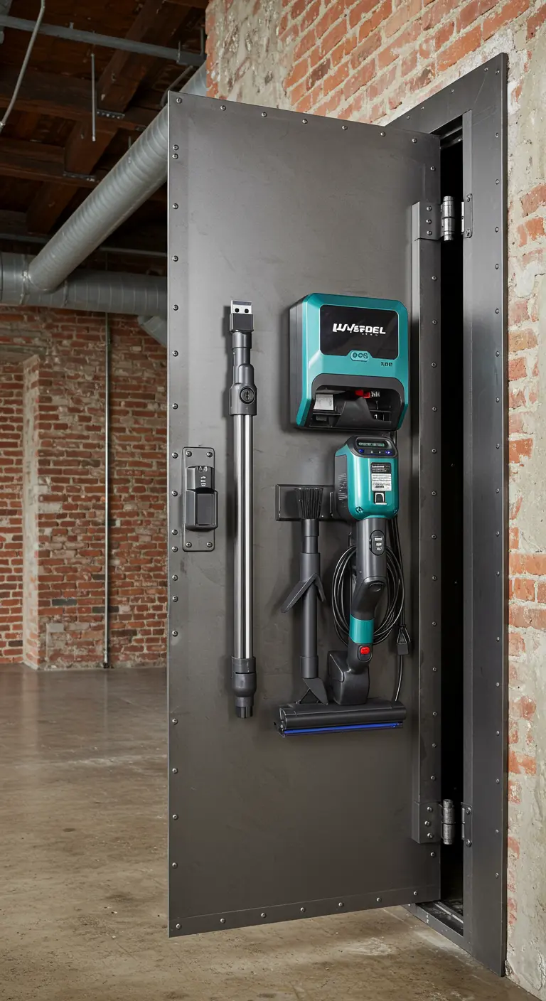 Aspiradora inalámbrica y sus accesorios montados en el interior de una puerta metálica industrial.