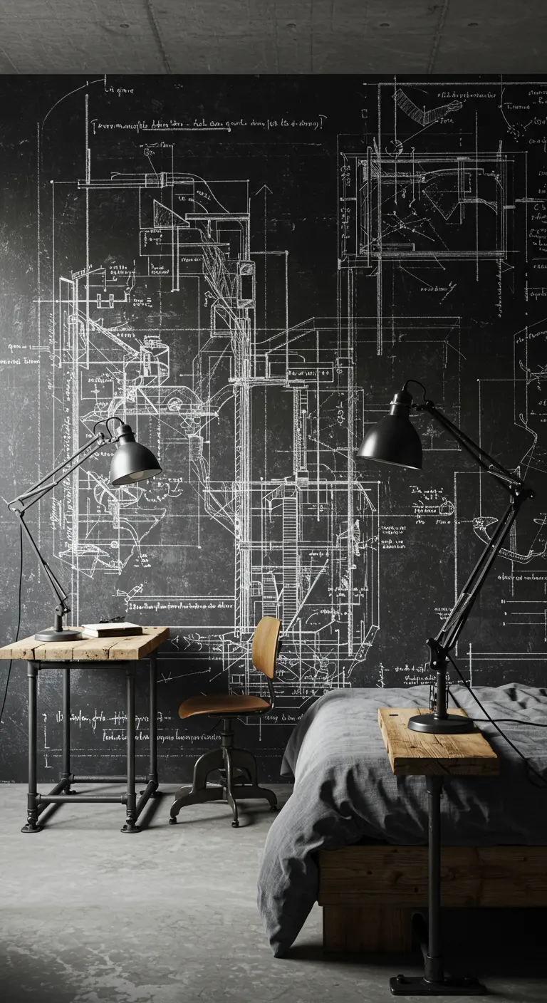 Mural de un plano arquitectónico dibujado con tiza sobre una pared negra de estilo industrial.