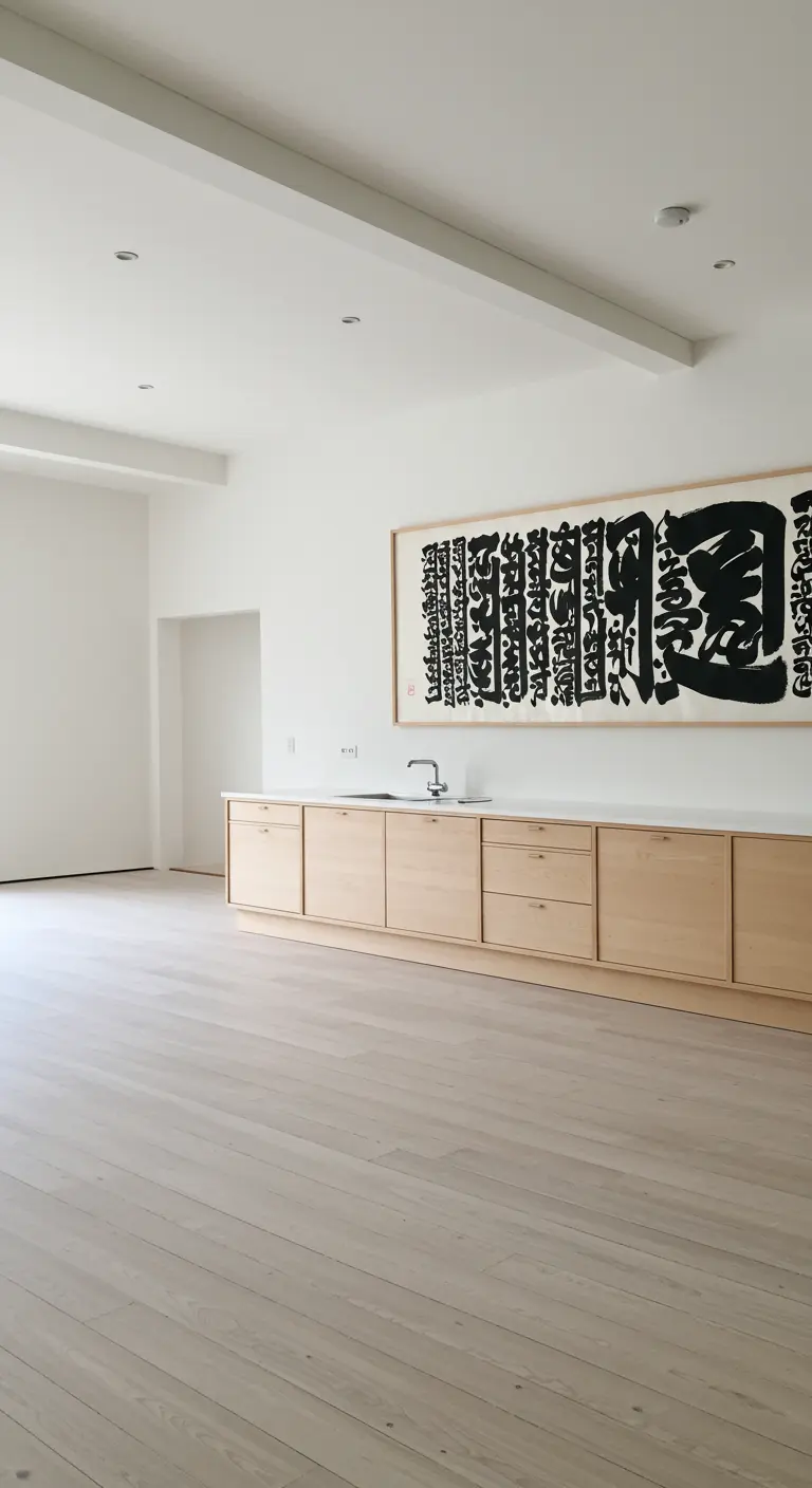 Cocina minimalista con una gran obra de arte de caligrafía japonesa en la pared