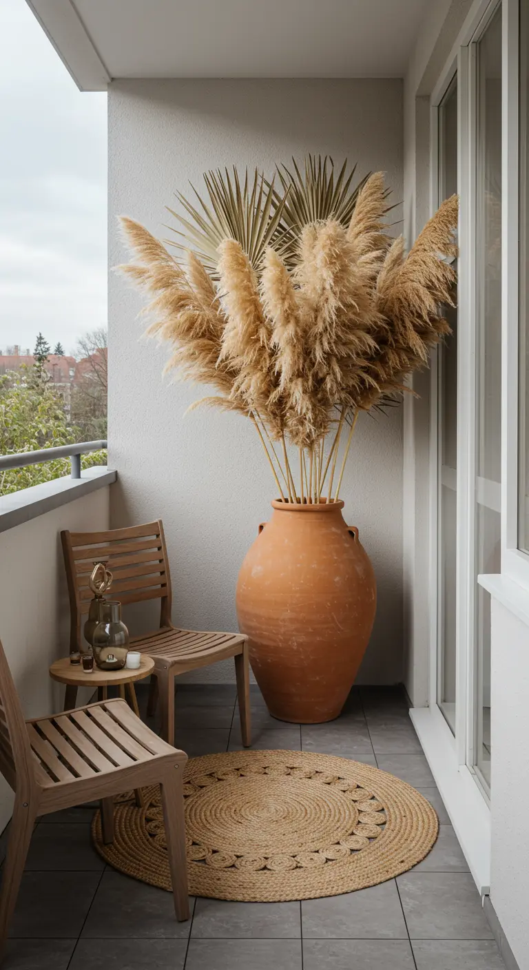 Rincón de balcón minimalista con dos sillas de madera y una gran vasija de barro con pampas.