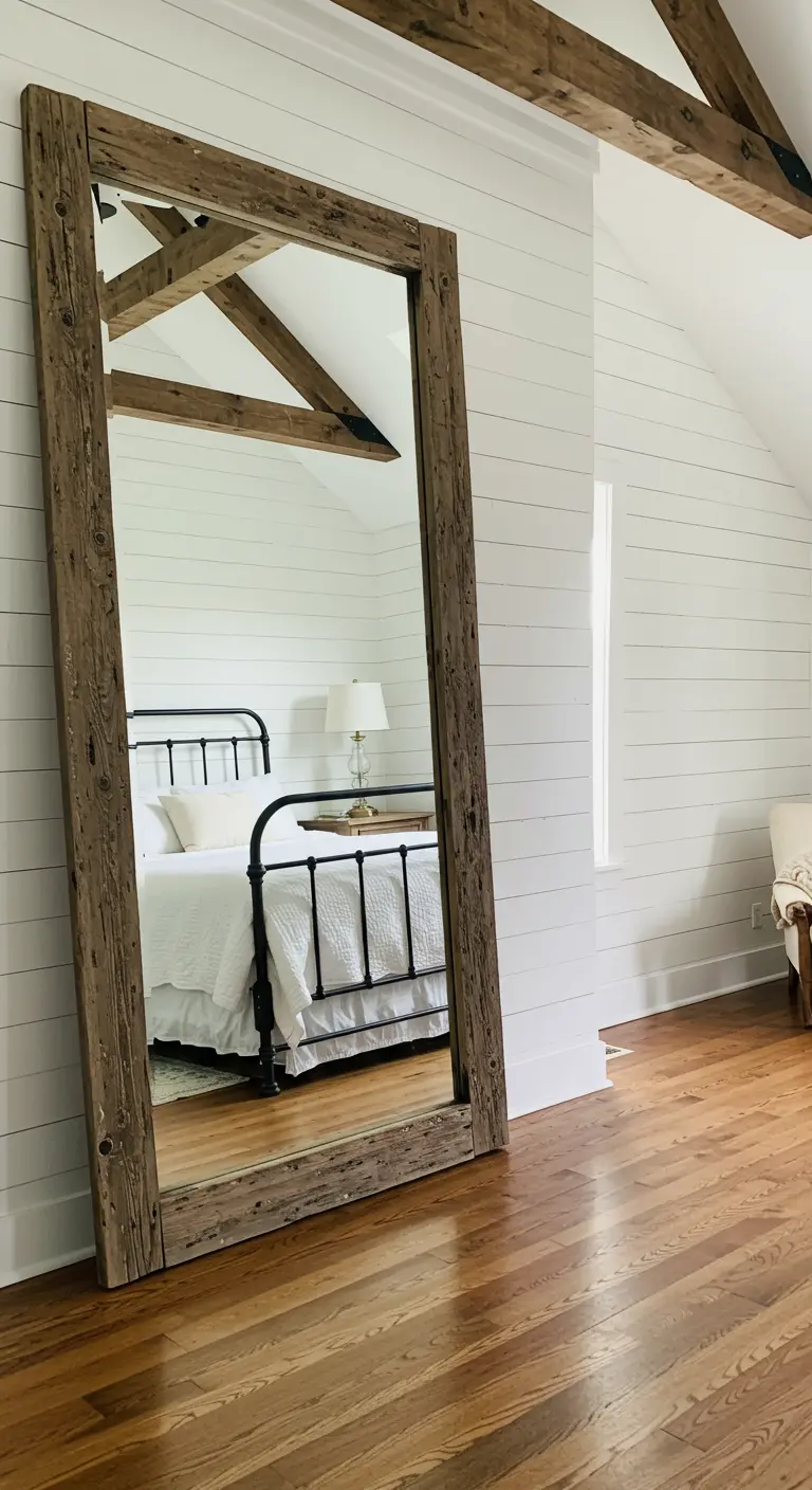 Espejo de cuerpo entero con un marco grueso de madera recuperada en un dormitorio farmhouse.