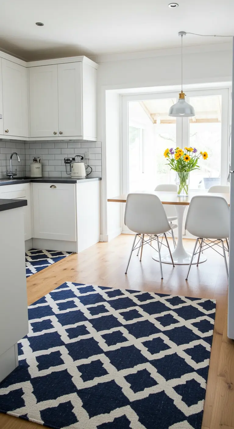 Cocina escandinava blanca con comedor y una llamativa alfombra geométrica azul.