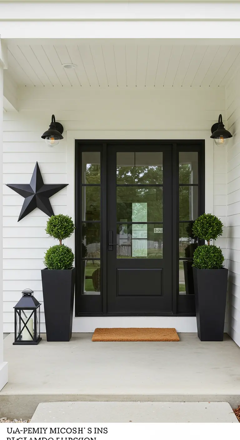 Entrada de porche moderna con una estrella de granero negra, maceteros altos y puerta negra.