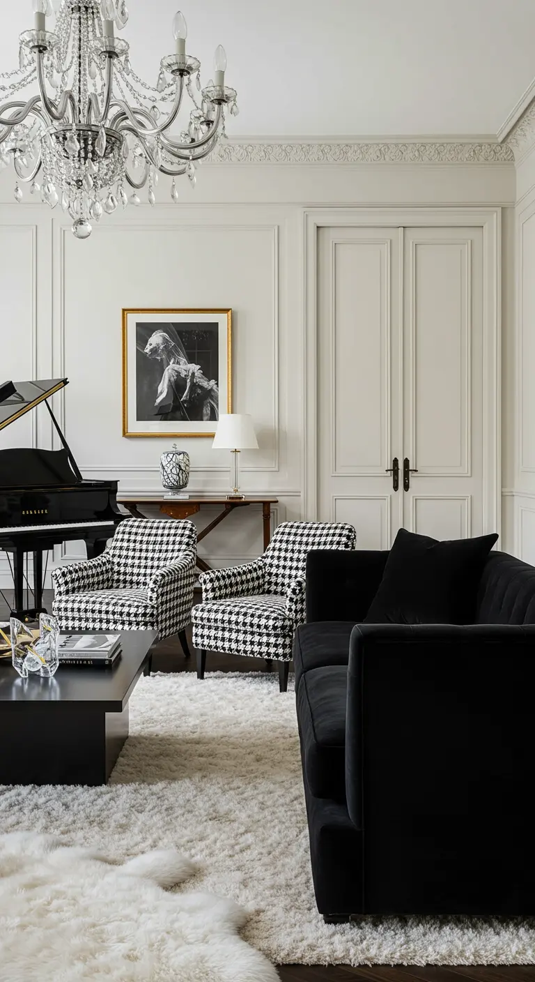 Sala elegante con lámpara de araña, sofá negro y butacas con estampado de pata de gallo.