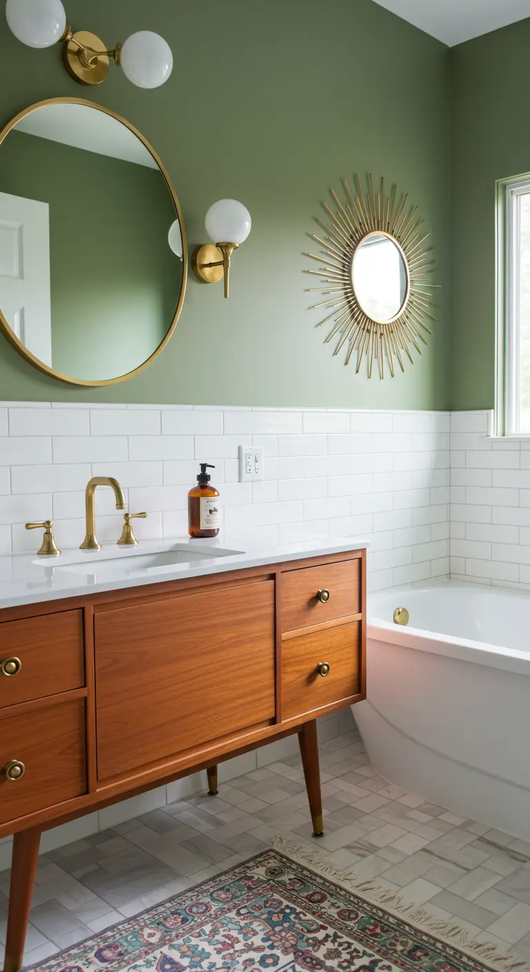 Baño elegante con paredes verde oliva, mueble de madera y detalles dorados.