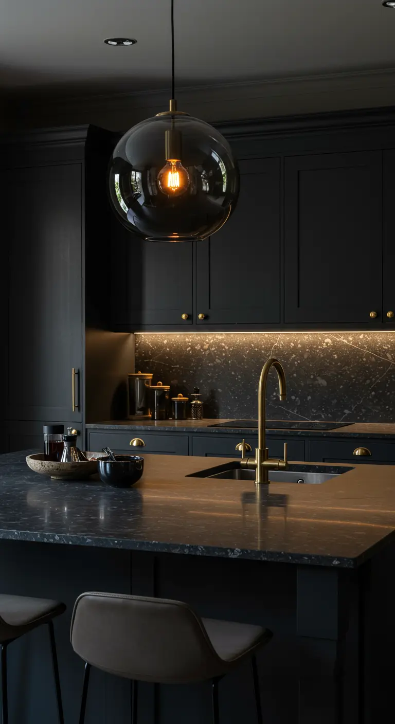 Cocina oscura y elegante con una lámpara colgante de globo de cristal ahumado y detalles dorados.