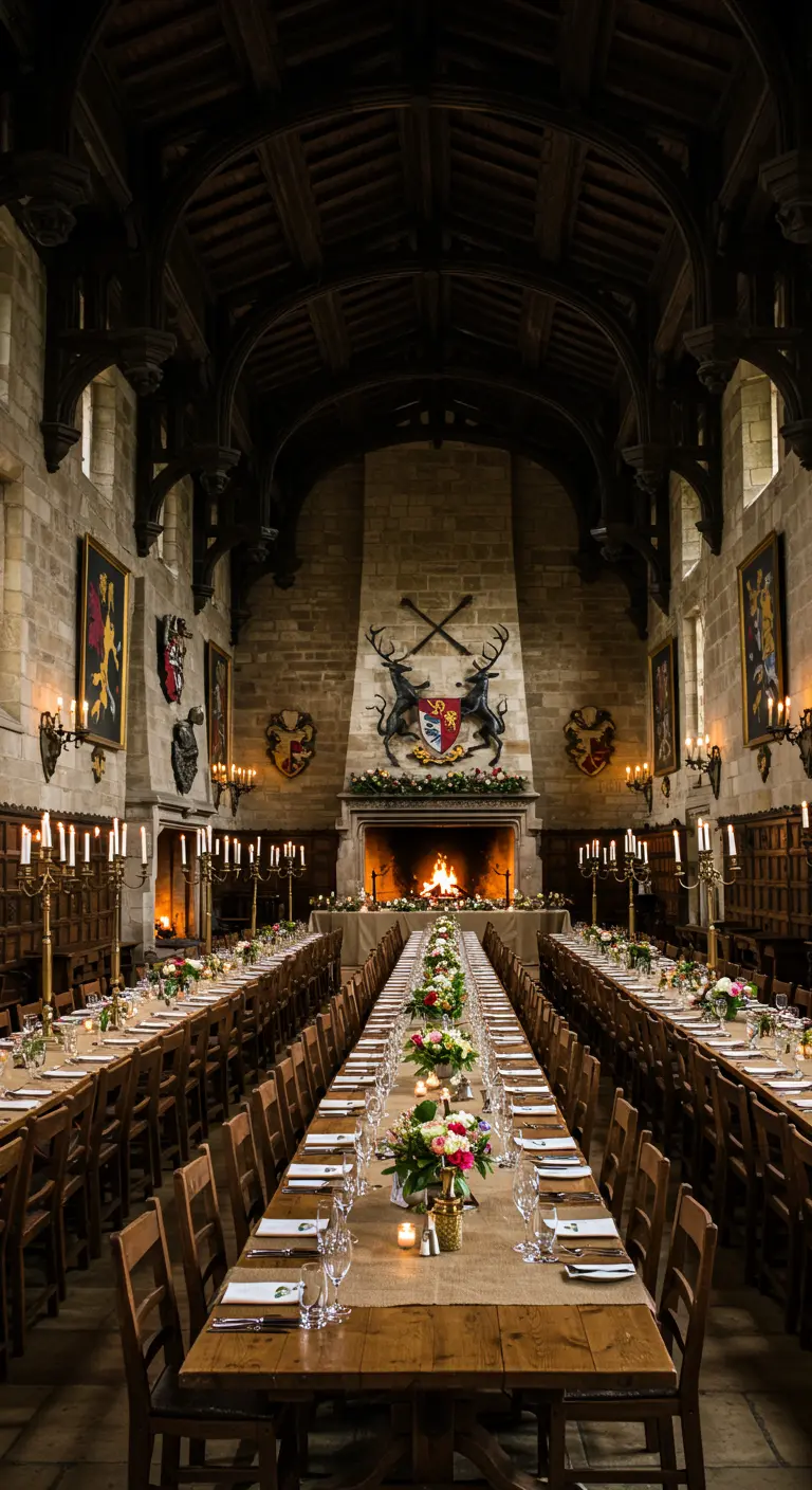 Gran salón de banquetes medieval con mesas largas, candelabros y estandartes en las paredes.