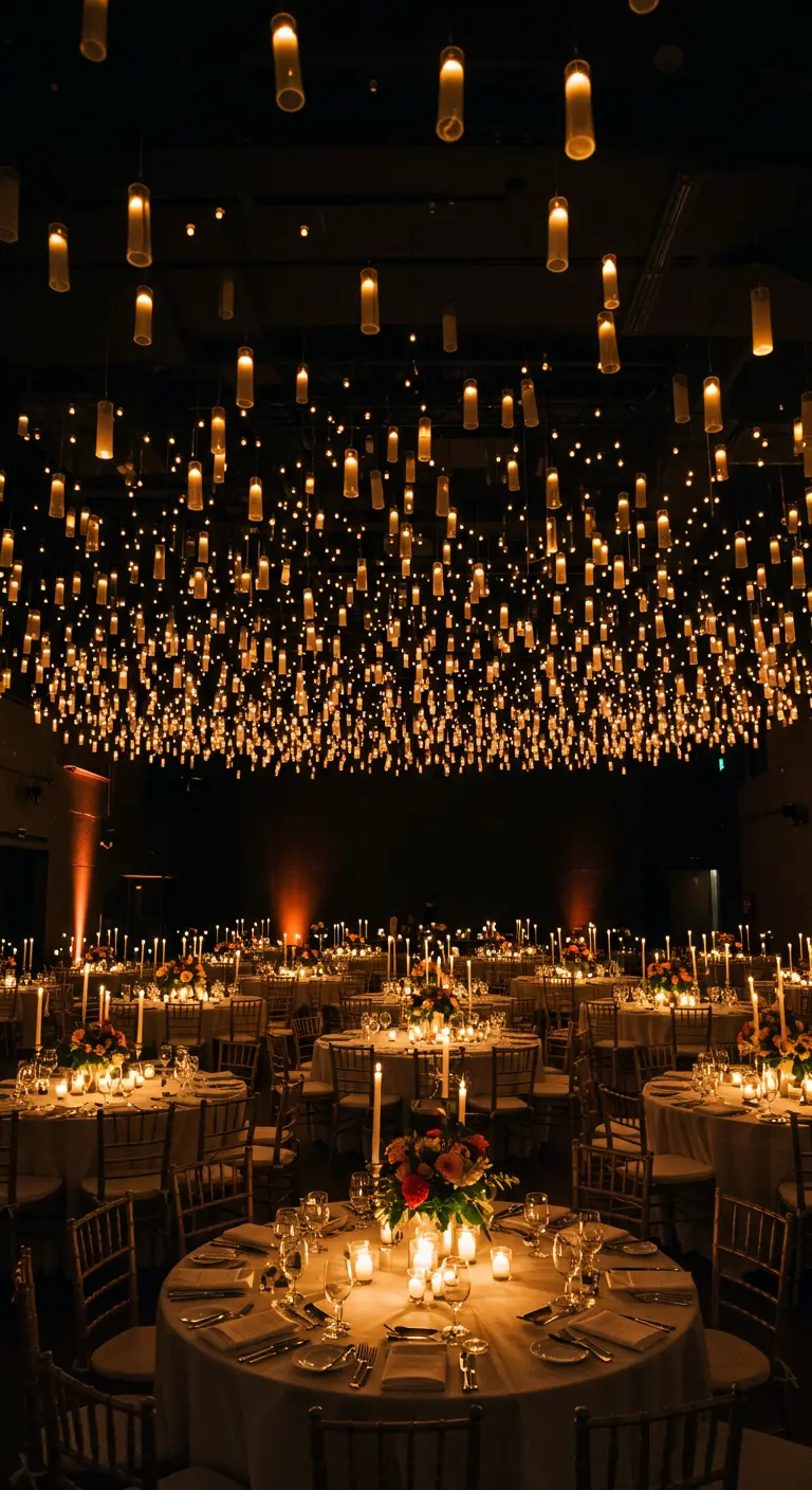 Recepción de boda en un salón oscuro con cientos de velas LED colgando del techo.