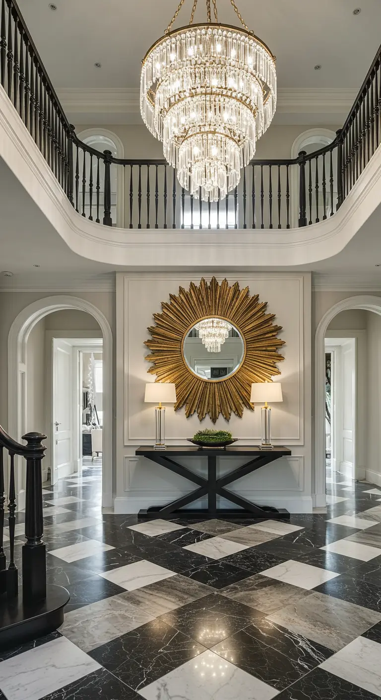 Recibidor de doble altura con suelo de mármol, lámpara de araña y espejo de sol dorado.