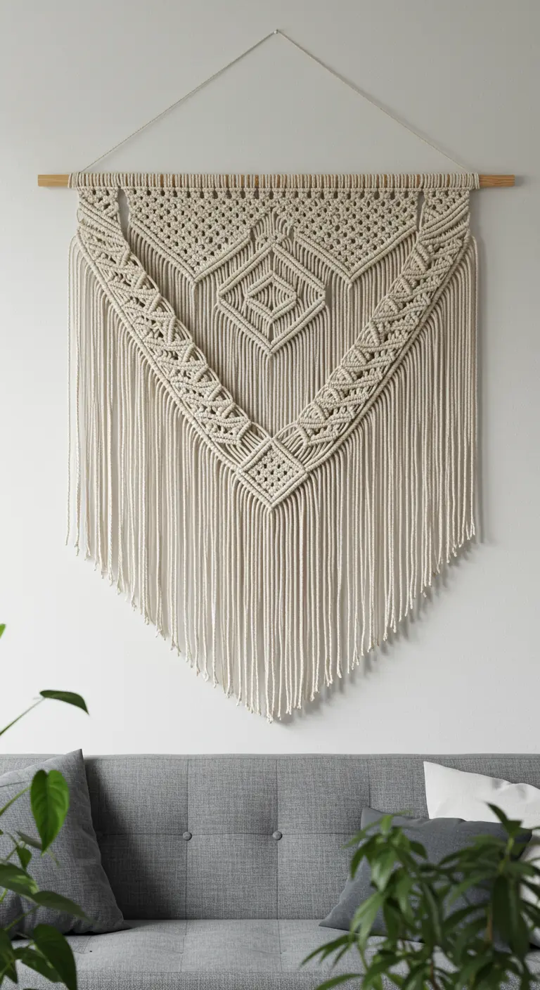 Tapiz de macramé grande en color crudo con un diseño de diamante geométrico colgado en una pared.