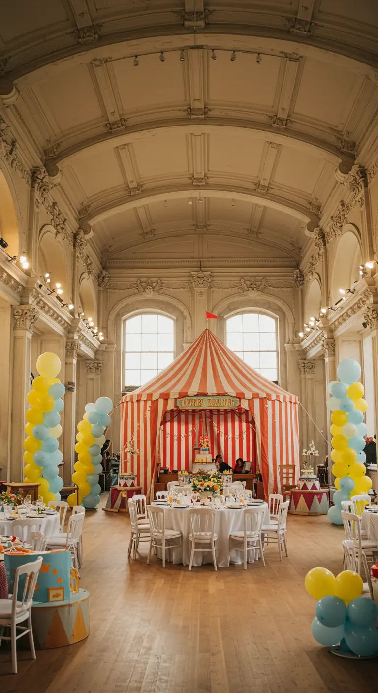 Salón de fiestas con tema de circo, con columnas de globos amarillos y azules.