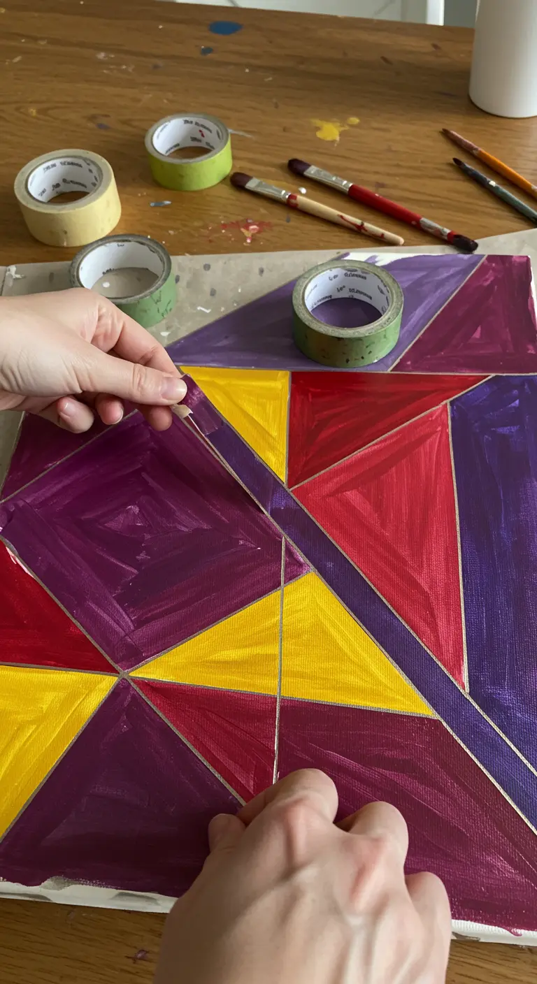 Manos retirando cuidadosamente la cinta adhesiva de un cuadro geométrico para revelar líneas doradas.