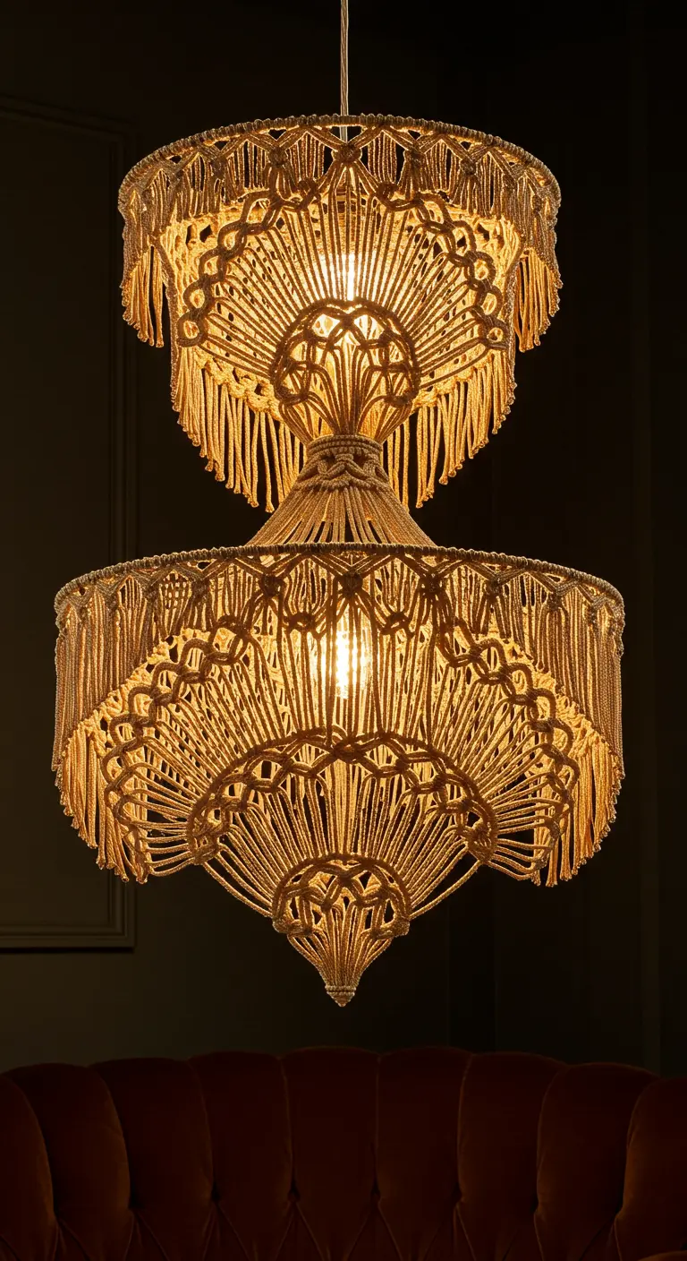 Lámpara de macramé de dos niveles en tono dorado con un diseño estilo Art Déco.