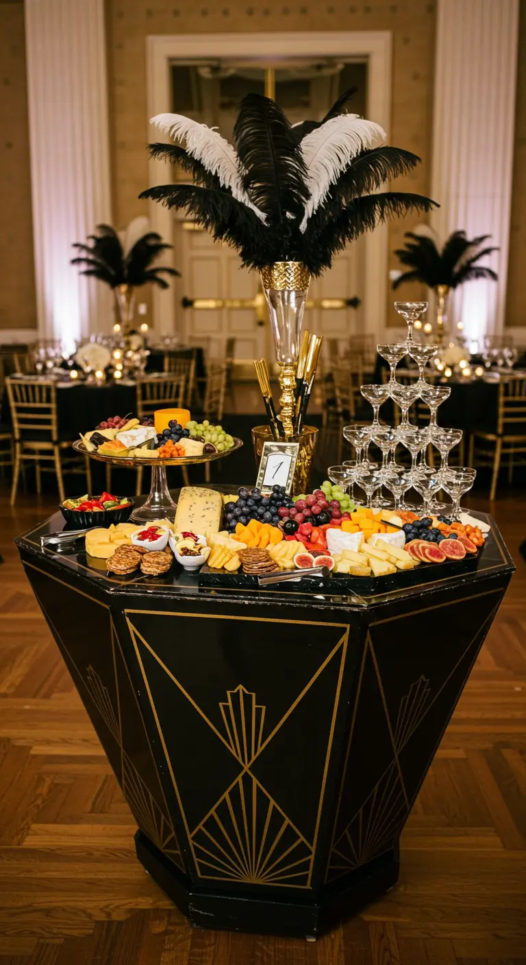 Mesa de quesos Art Déco con plumas, oro y una torre de champán.