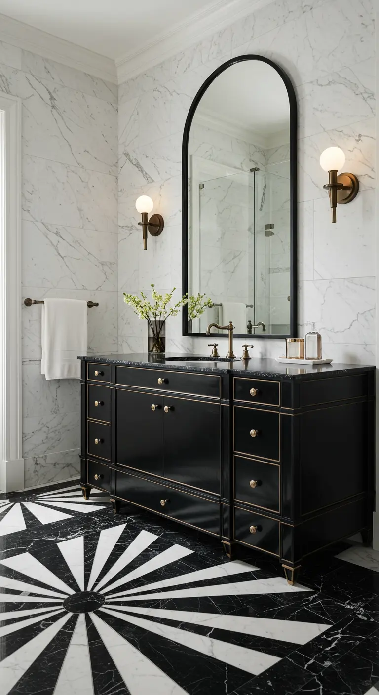 Baño Art Déco con suelo de mármol con diseño de estrella, mueble lacado en negro y detalles dorados