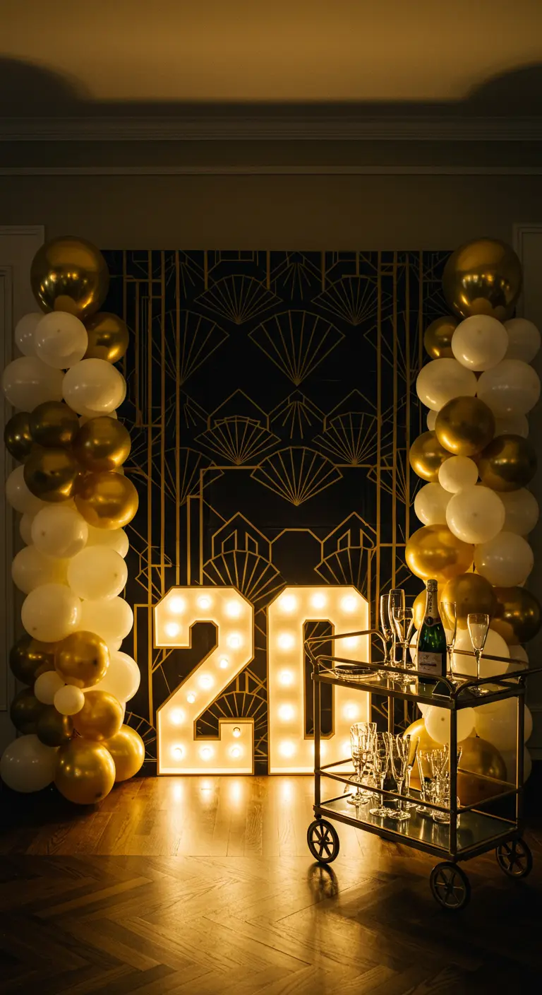 Photocall estilo art déco con columnas de globos, números iluminados y carrito de bar.