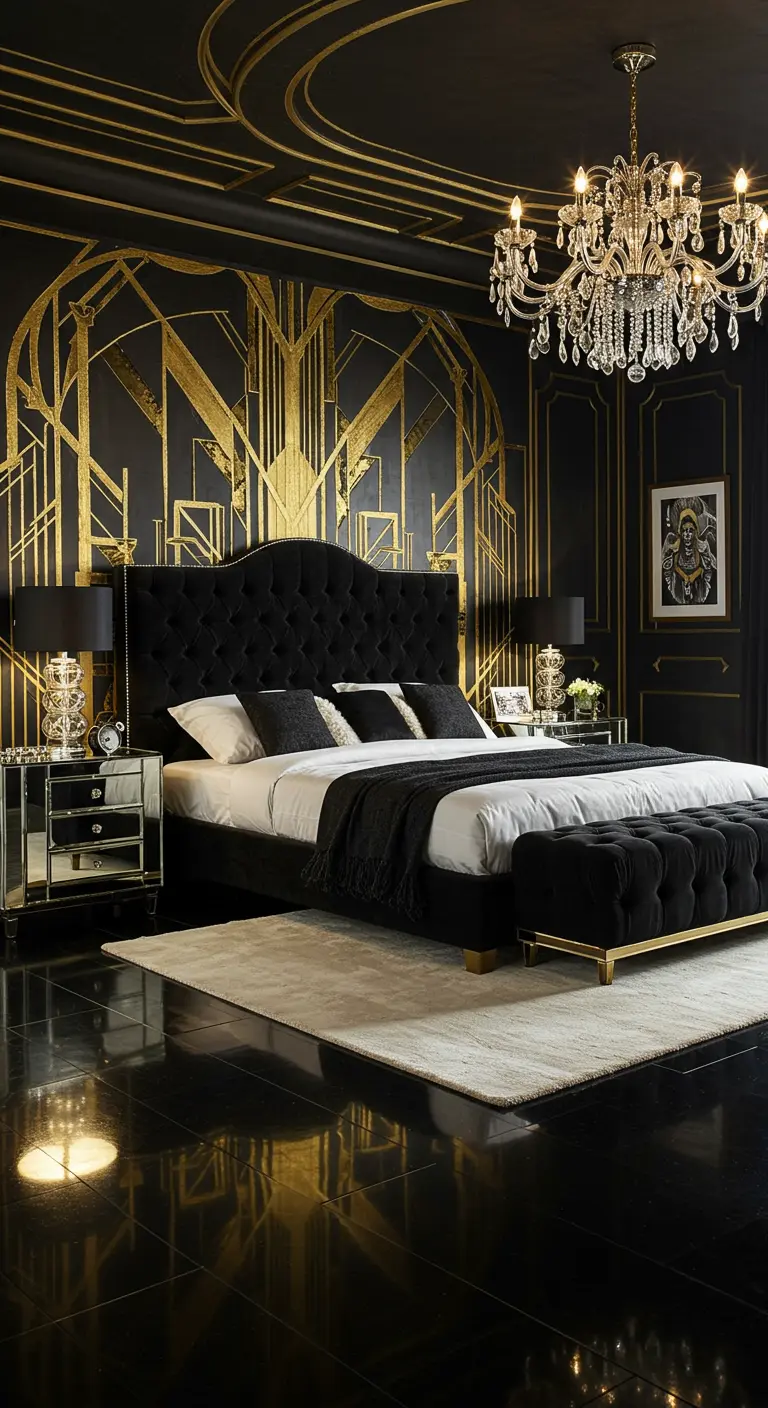 Dormitorio Art Déco en negro y dorado, con un gran cabecero de terciopelo y lámpara de cristal.