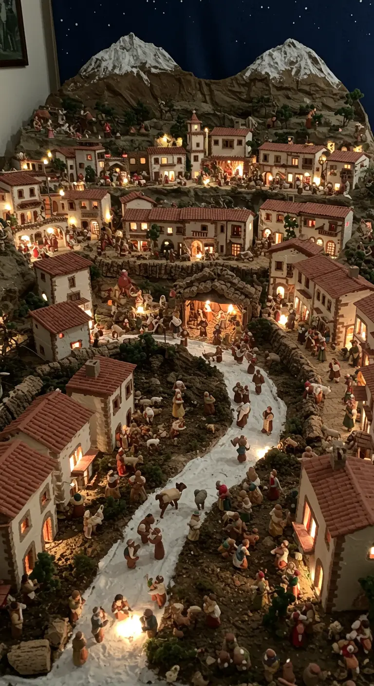 Un belén napolitano gigante que recrea un pueblo entero en una ladera montañosa.