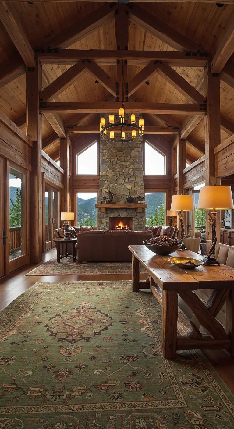 Gran salón de cabaña con vigas de madera, chimenea de piedra y muebles rústicos.